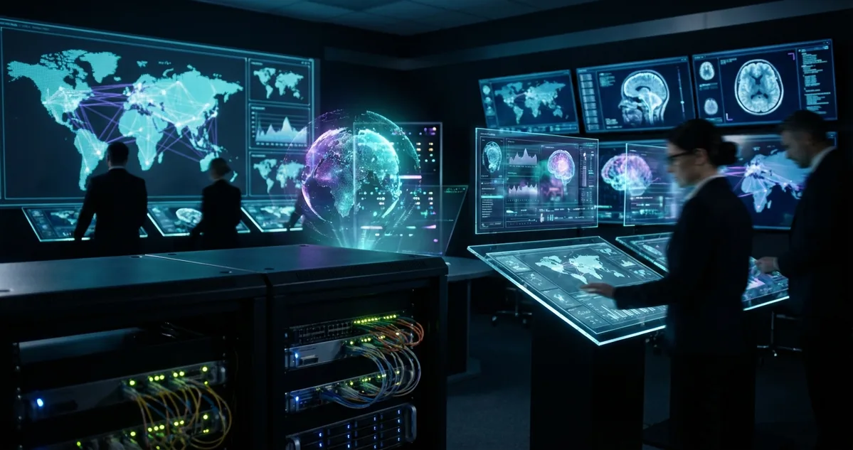 A futuristic AI control room with luminous data networks, healthcare diagnostics, enterprise dashboards, secure government clouds, and autonomous agents coordinating across a global digital infrastructure
