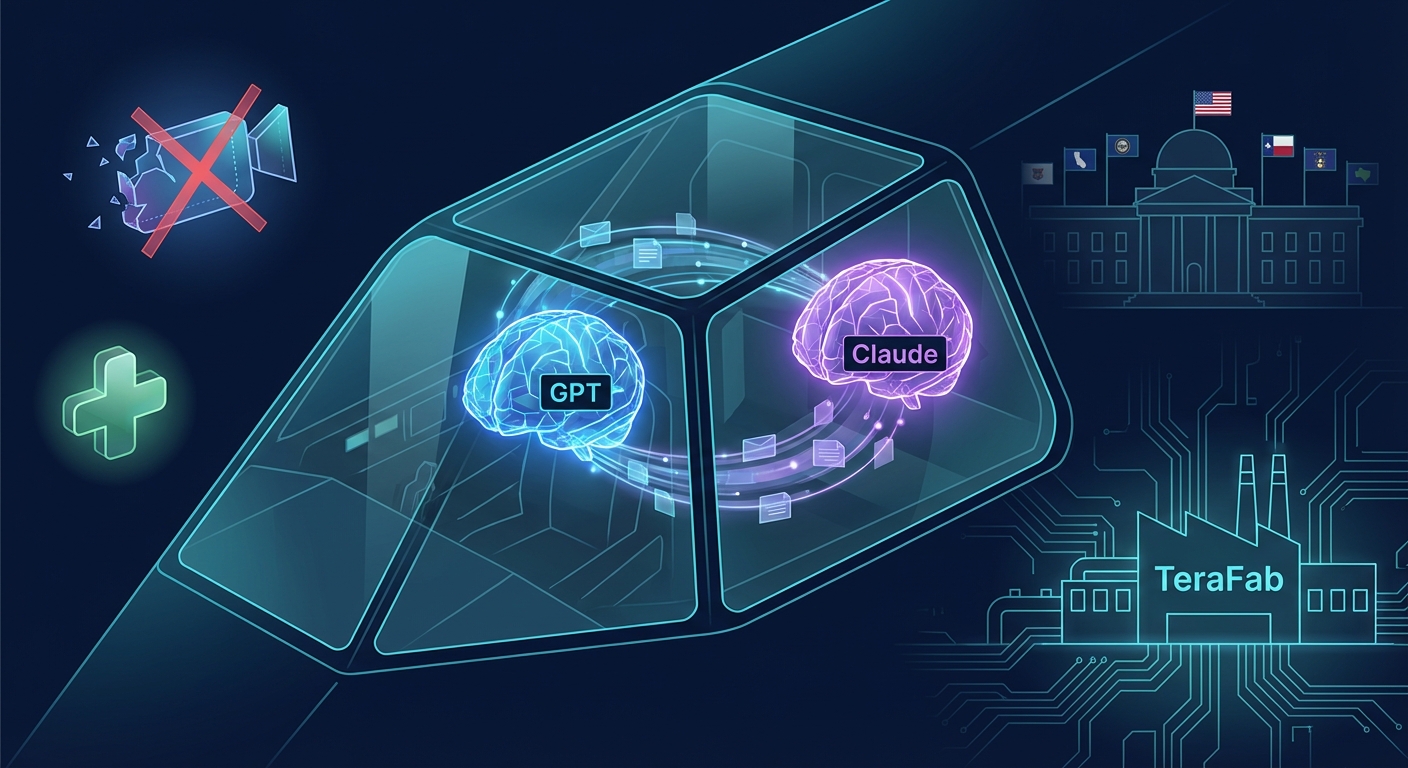 AI news illustration — Microsoft pairs GPT with Claude, Copilot Health launches, Sora collapses