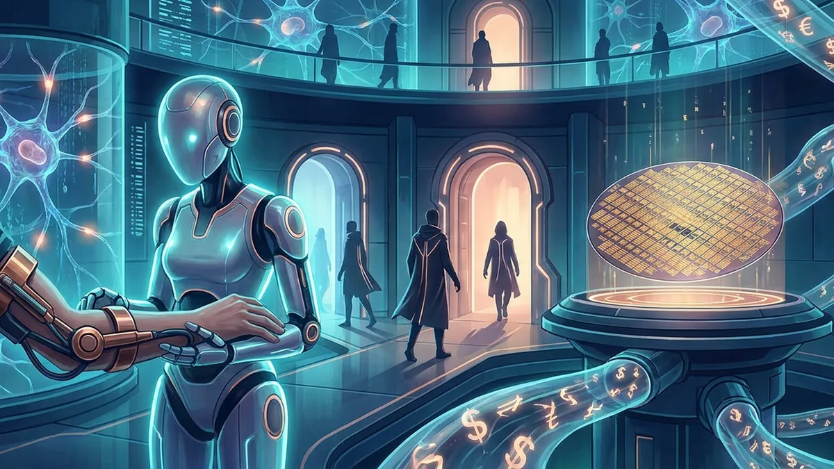 Abstract editorial scene of AI leadership, cyber boundaries, custom silicon, enterprise operations, and assistive robotics