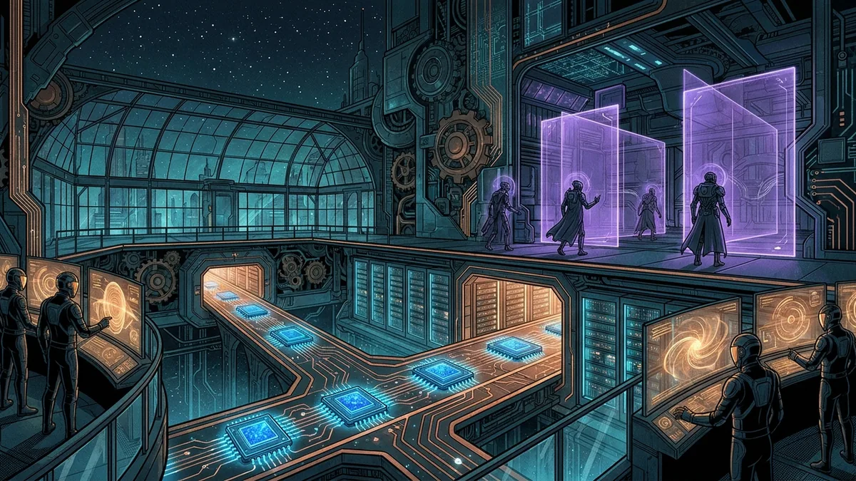 Editorial landscape of an inference chip exchange, financial risk signals, and autonomous agents testing luminous security boundaries