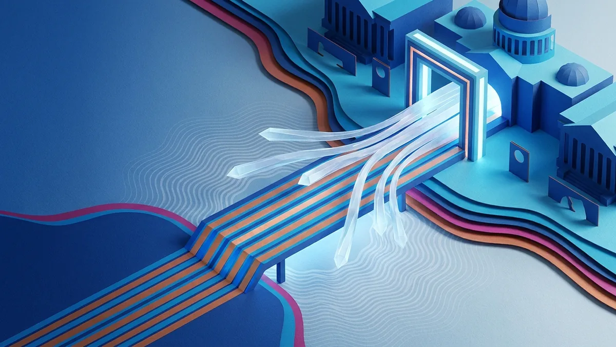 Abstract editorial scene of an AI gateway connecting models, watermark signals, and a geopolitical boundary