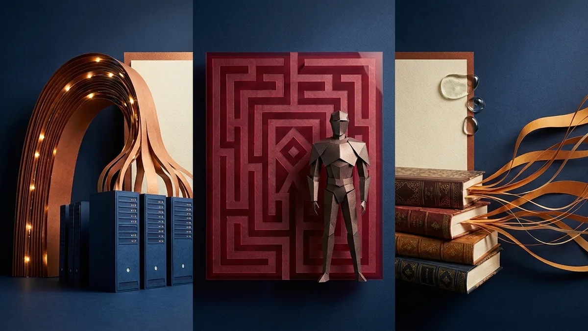 Editorial collage of compute finance, a cybersecurity labyrinth, and archival books becoming data