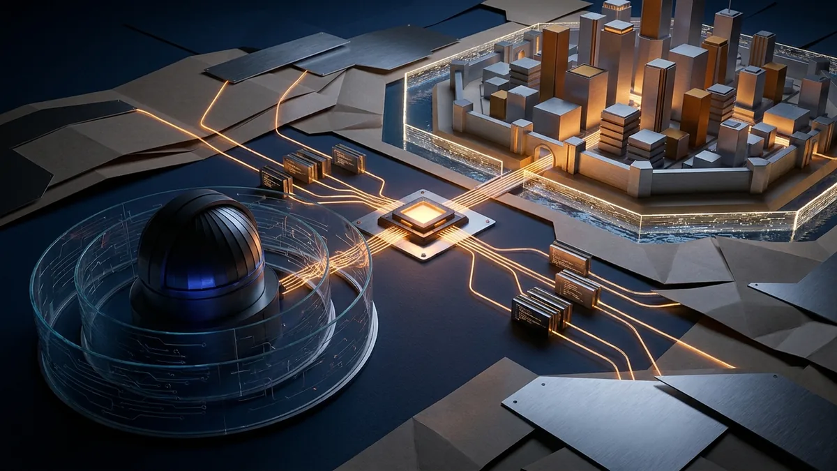 Editorial scene of an Astra observatory paused behind cyber shields, a branching code forge, and illuminated compute infrastructure
