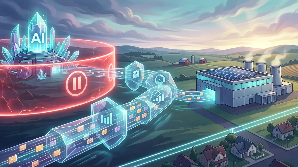 Editorial illustration of a frontier AI laboratory pause, encrypted privacy lattice, and Pennsylvania data-center boundary