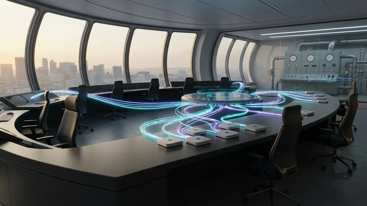 Pentagon AI deployment and Mac mini agent infrastructure visualized as a secure operations landscape