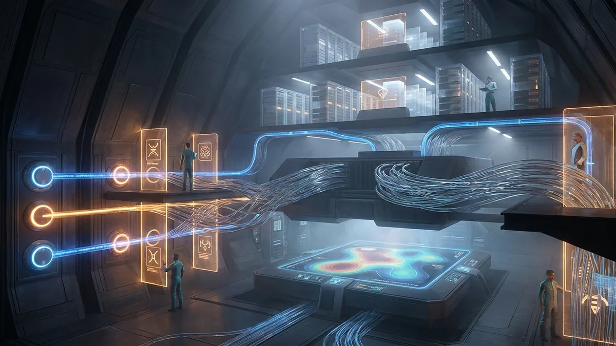 Abstract AI control plane connecting shutdown switches, frontier safeguards, and optical networks
