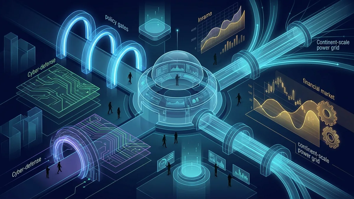 Abstract AI control plane connecting safety governance, cyber defense, finance, and large-scale compute