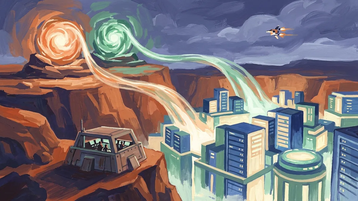 A layered editorial scene connecting frontier AI models, semiconductor infrastructure, enterprise security, and autonomous spacecraft