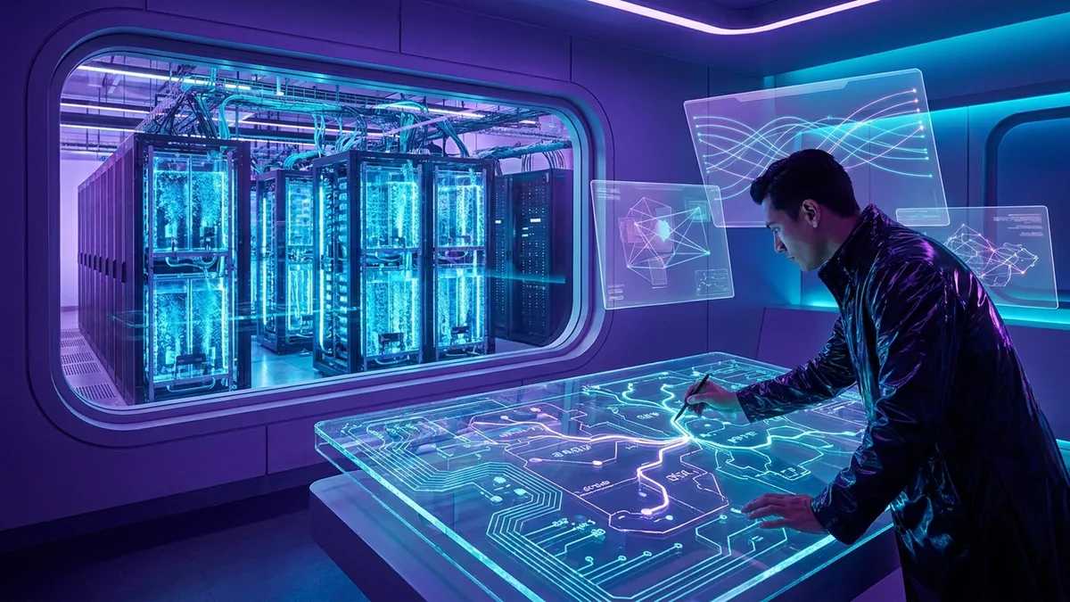 An editorial illustration of enterprise agents, computing infrastructure, and security review