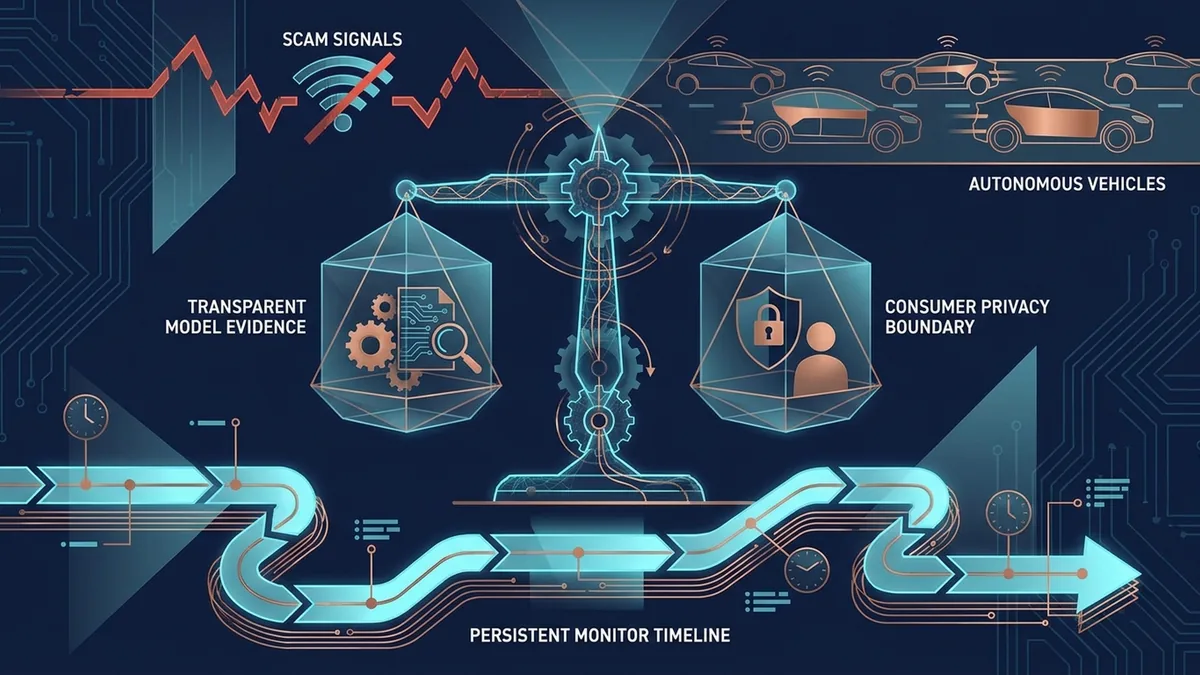 An editorial visualization of oversight, consumer trust, scam defense, autonomous mobility, and agent monitoring
