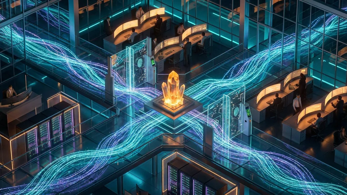 Abstract enterprise operations floor balancing frontier AI capability with secure governance controls