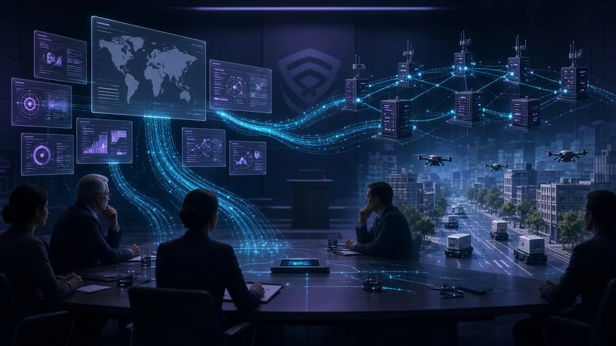 Government briefing room with incident disclosure reports linked to an edge network and a simulated world model