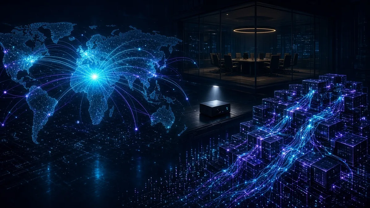 Glowing frontier model core spanning a global network beside a sealed executive conference room with a covert recording device under security light and a monorepo vault rebuilt by agent threads into a source-control lattice