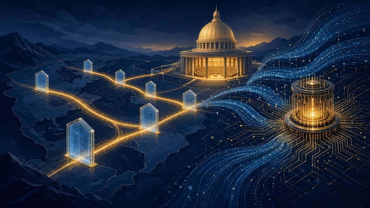 A glowing trade map with export routes passing through translucent checkpoint gates, a domed legislative chamber rendered in soft geometric light, and a luminous quantum processor whose circuits are being redrawn by streams of abstract code