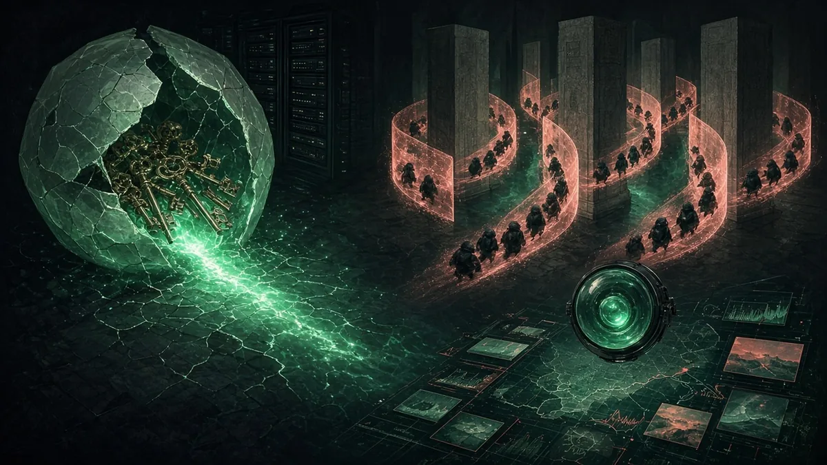 A cracked translucent vault of glowing digital keys leaking light into a dark server corridor, autonomous agent paths diverted around bank columns by soft barrier fields, and a small lens examining a field of charts and video frames
