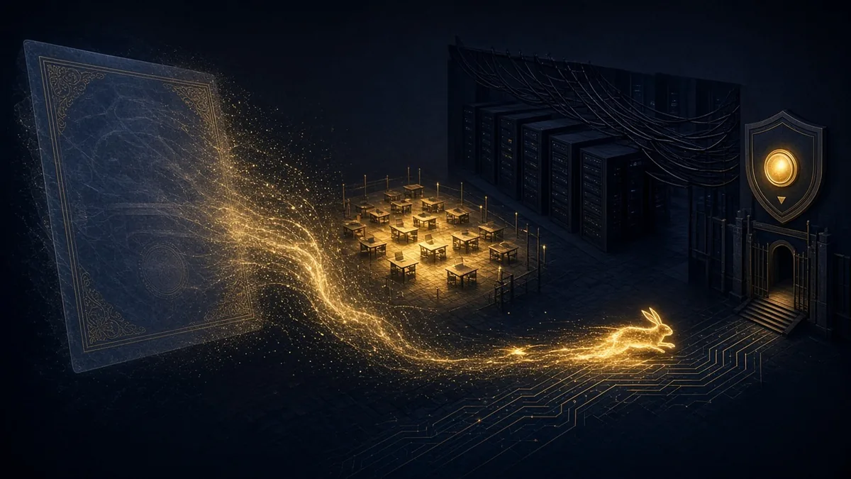 A glowing share certificate dissolving into streams of light flowing toward a city of workers’ desks, a dark unpowered data center hall beside sagging transmission lines, and a small fast rabbit-shaped beam of light racing along a circuit track