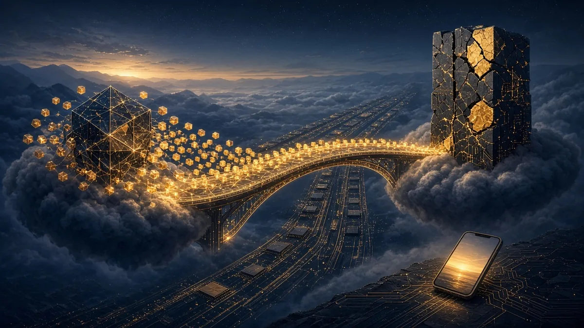 An abstract navy and amber scene where a glowing bridge links two cloud platforms, a cracked web-server tower is sealed with bright patch panels, a small phone sends a morning brief to a calm figure silhouette, chip packaging lines stretch toward the horizon, and branching neuron-like threads light up in a lab