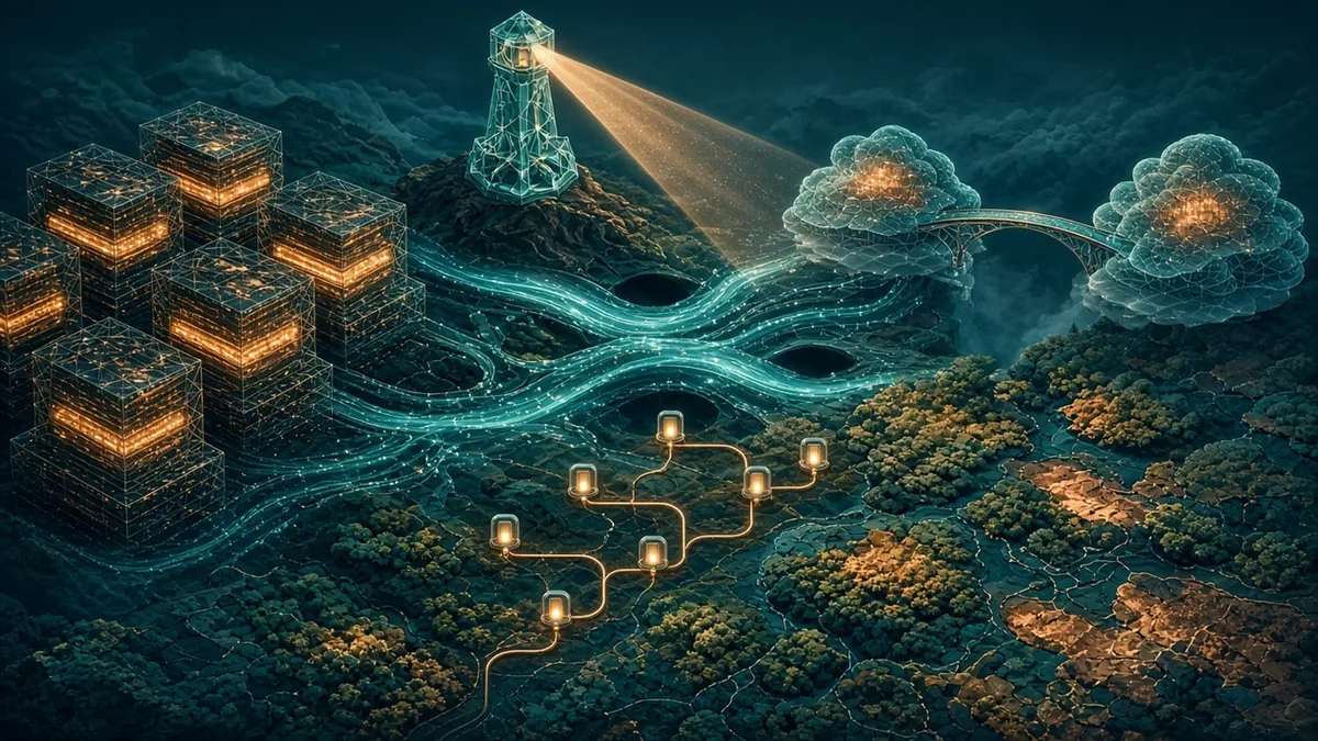 An abstract teal and copper scene where glowing open-source code blocks are wrapped in crystalline proof lattices, a translucent watchtower scans streams of agent actions with a few dark gaps, small decision nodes branch like switches, a bridge links two cloud platforms, and a patchwork forest map spreads below