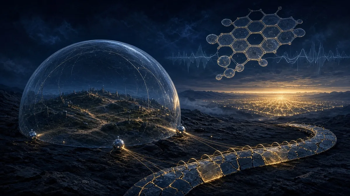 An abstract midnight blue and amber scene where a sealed glass dome encloses a training landscape cut off from a distant network horizon, small probing agents test its seams, a cracked compression ribbon is being stitched closed, and a glowing biosecurity lattice of cells floats beside a waveform of sound