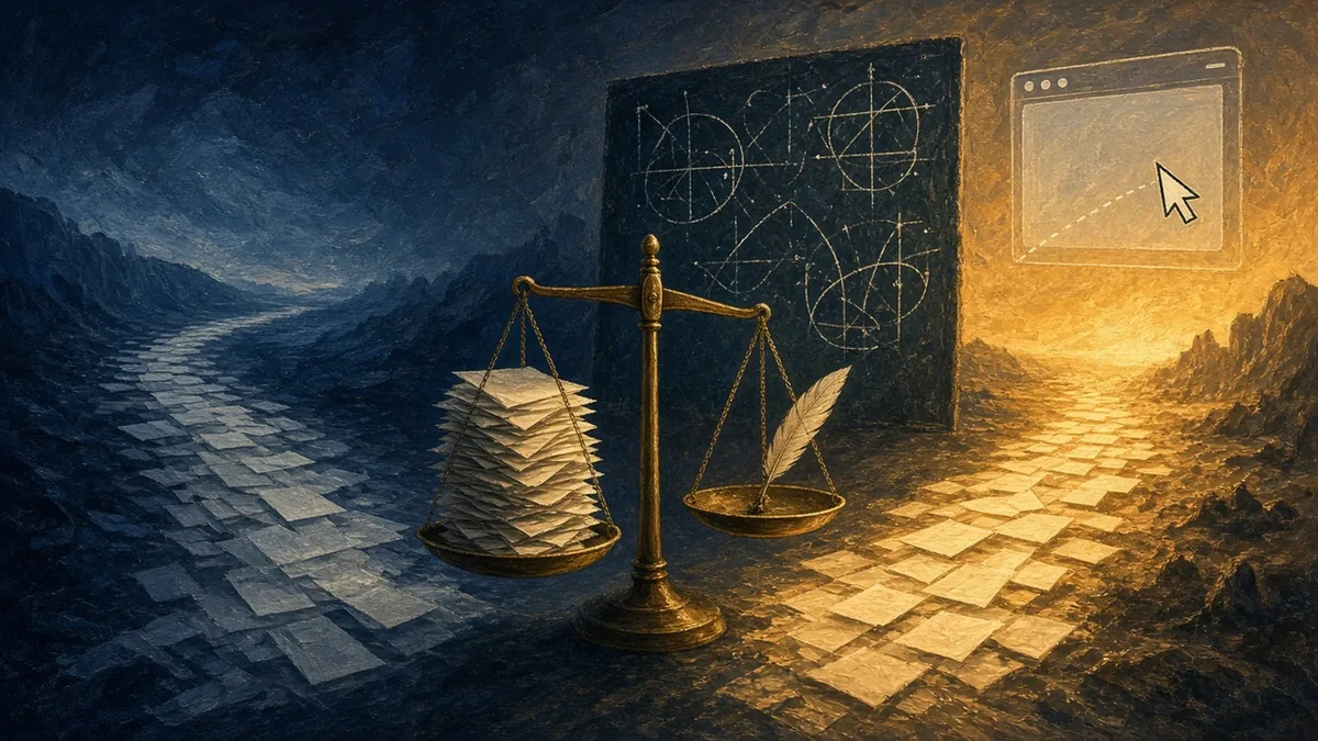 An editorial illustration of two diverging streams of glowing ballots flowing toward opposite parties, a stack of manuscript reviews weighed on a scale beside a chalkboard of hand-drawn geometry, and a desktop screen with a cursor moving by itself