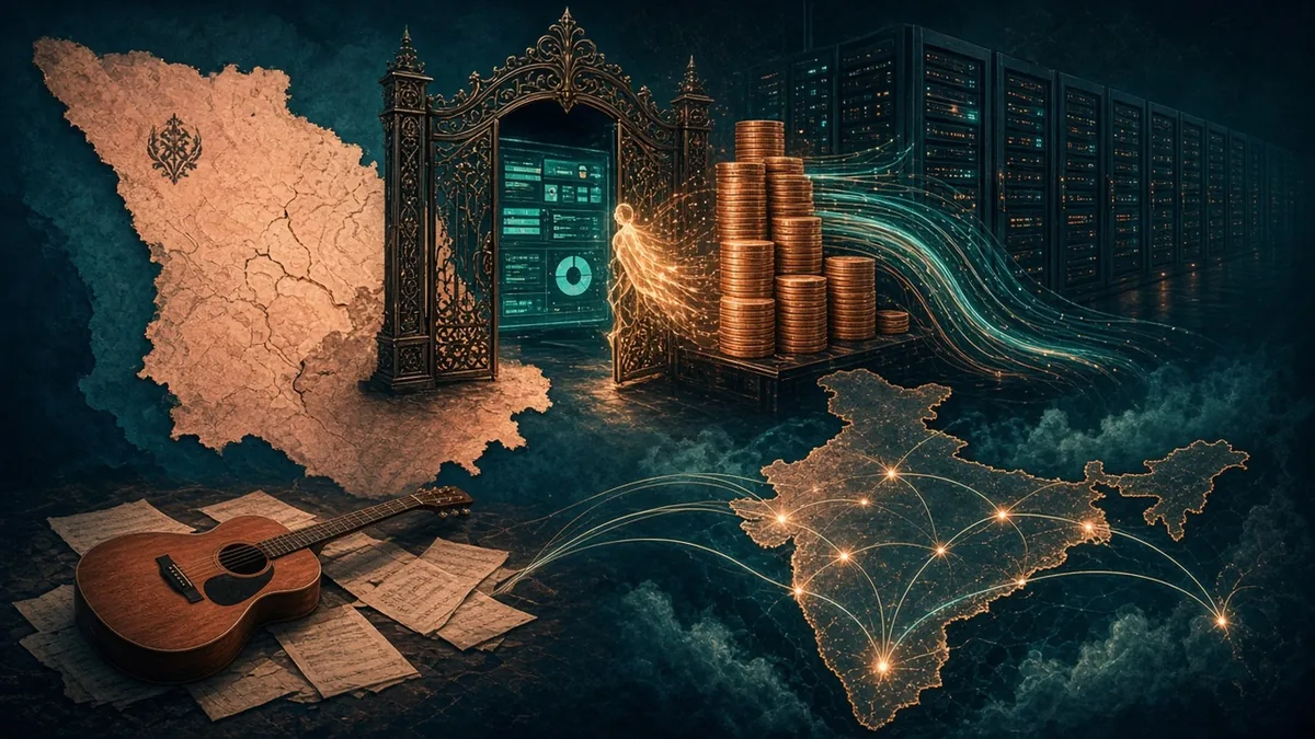 An editorial illustration of a glowing data dashboard behind a paywall gate with a peach-toned Georgia map, towers of coins funding server halls, a vintage guitar beside sheet music, and fiber lines threading across a map of India
