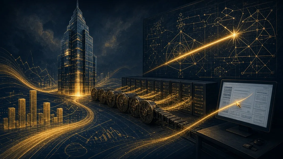 An editorial illustration of a glass stock-exchange tower rising from a ledger of revenue charts, server racks financed by a chain of bank vaults, a desktop screen worked by a light-trail cursor, and a chalkboard of complexity proofs glowing with a conjecture crossed out