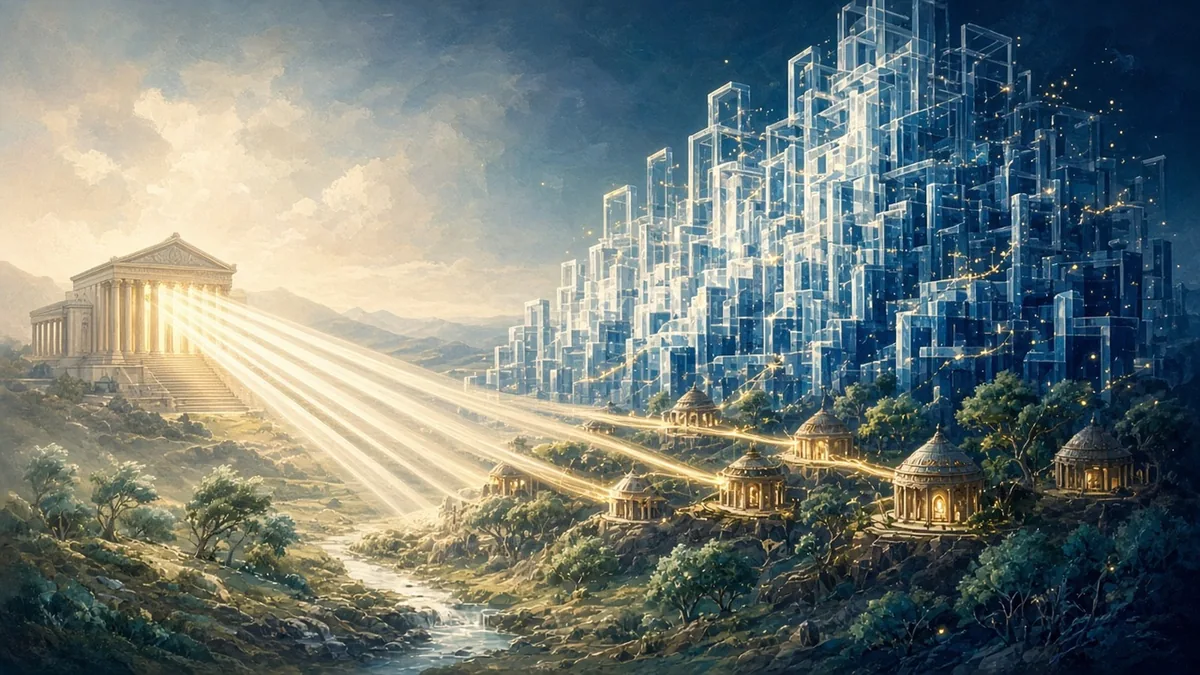 An editorial illustration of a government hall where streams of light flow from a civic building to agents, beside a vast lattice of interlocking proof blocks assembled by small luminous agents and a glowing simulated landscape