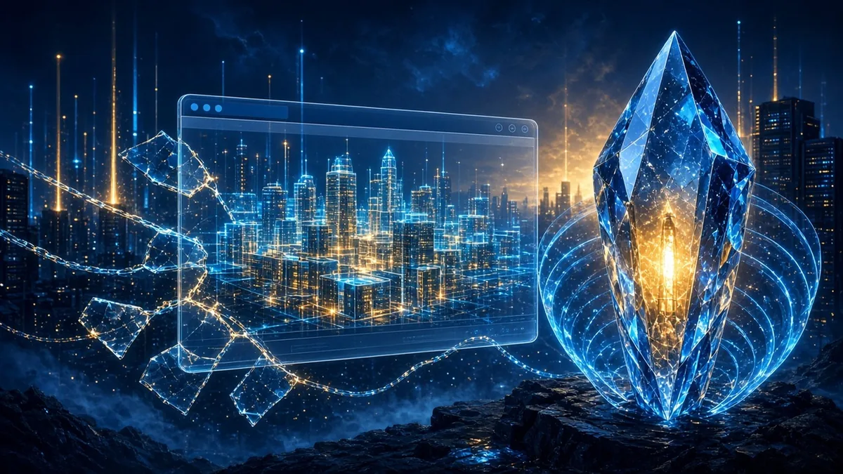 An editorial illustration of a glowing carbon-crystal shield guarding a browser window while luminous circuit pathways reveal chained exploits, beside rising columns of light representing cloud computing growth