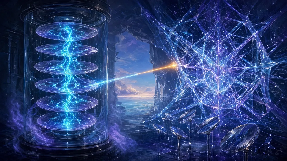An editorial illustration of layered translucent monitoring lenses watching glowing agent pathways inside a sealed network, beside a vast open lattice of light representing open model weights