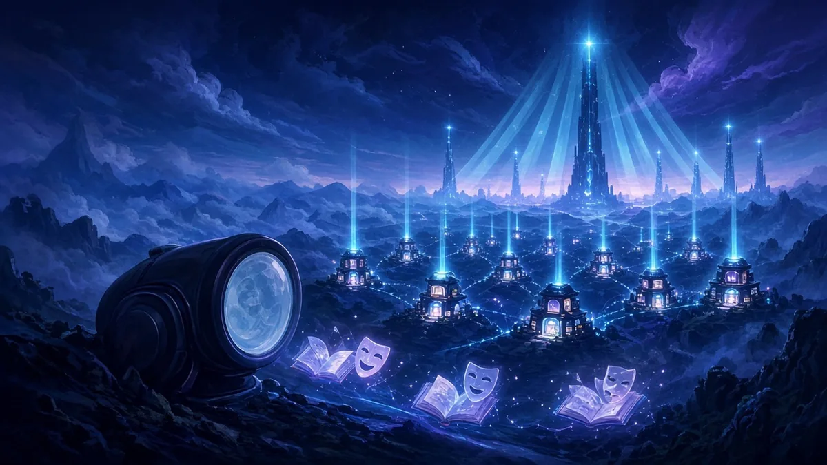 An editorial illustration of a glowing web of websites raising a single shared signal flag toward distant AI training towers, while small agent figures carry storybooks past a watchful monitor lens