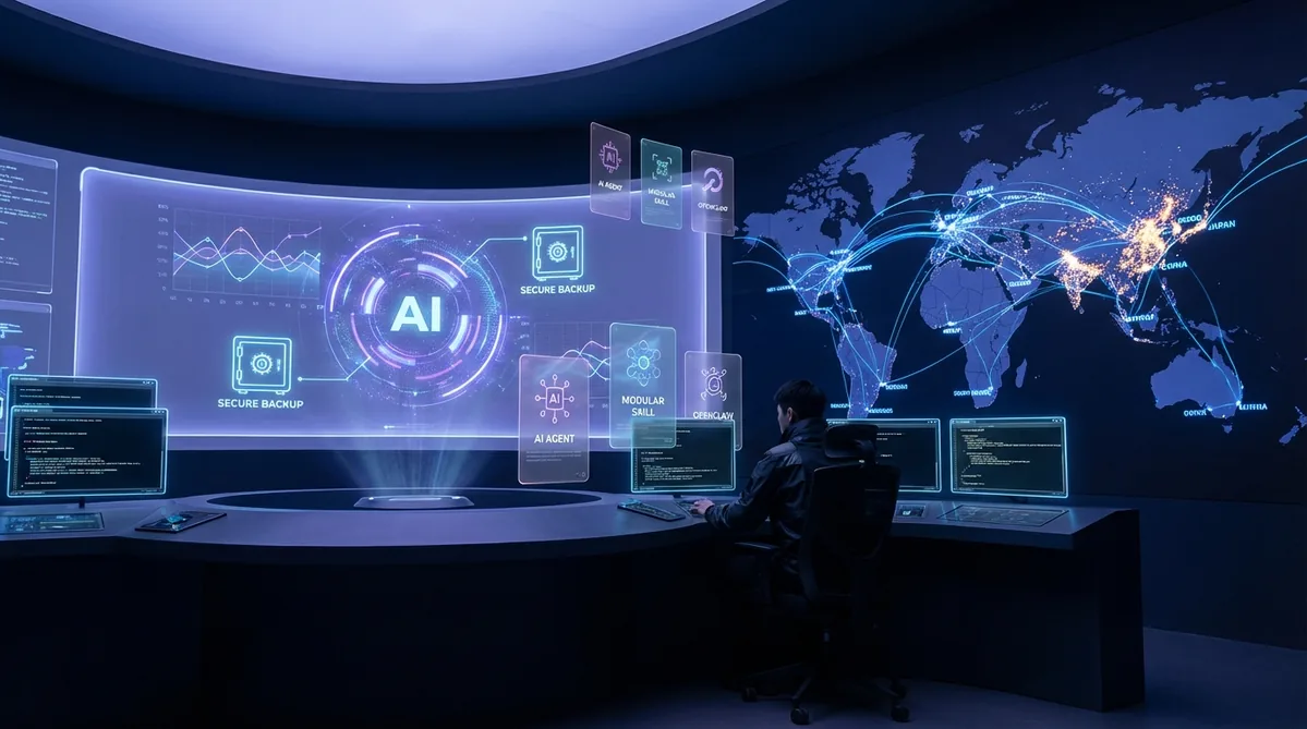 OpenClaw control room with backup vaults, modular skills, and a glowing global operations map