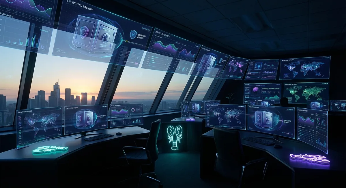 A luminous AI operations desk with a lobster-inspired terminal, backup vault icons, security shields, and enterprise agent governance dashboards
