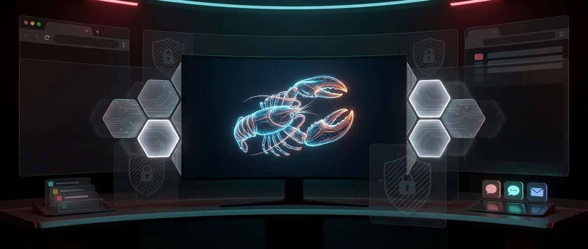 A futuristic control room with a glowing lobster-shaped AI dashboard, plugin tiles reconnecting, enterprise security overlays, and a calm operator monitoring autonomous agent activity