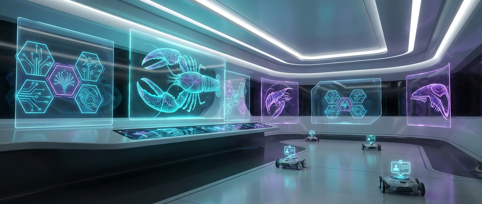 A cinematic operations room for a personal AI agent platform, with glowing lobster-themed interfaces, security shields around skill packages, verified identity badges for agents, and a clean futuristic dashboard in cyan and violet tones