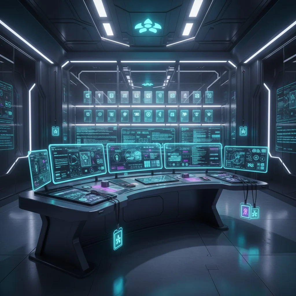 A futuristic command center for an open-source AI agent platform, with glowing tool panels, security shields around skill packages, audit logs, identity badges, and cyan-violet holographic dashboards