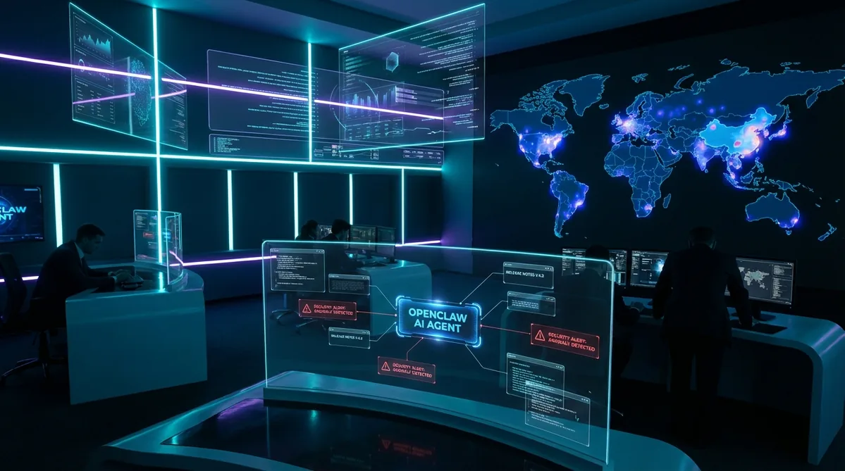 OpenClaw release notes, security research, and global agent adoption trends visualized as a futuristic command center