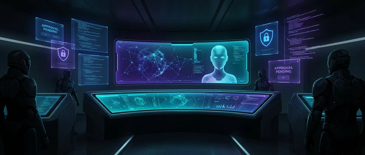 Abstract control room for OpenClaw with glowing approval prompts, security shields, and orchestration panels