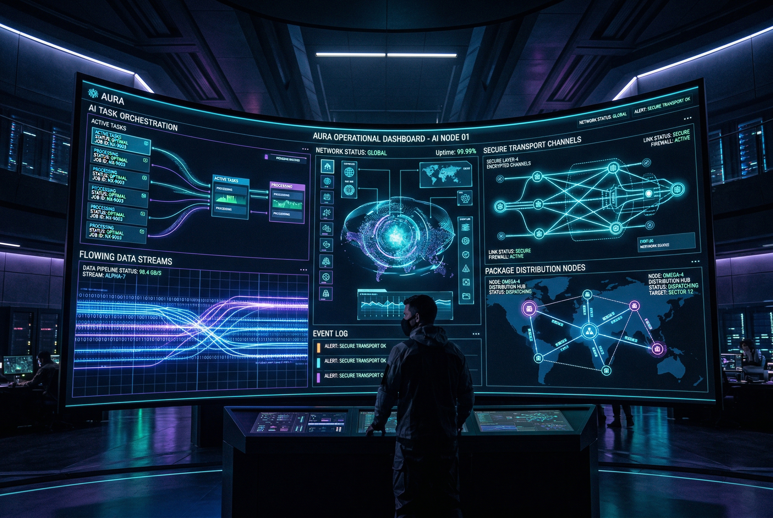 OpenClaw task orchestration dashboard floating over a secure multi-channel AI operations console