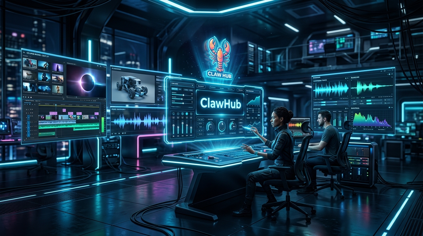 OpenClaw news hero art showing a glowing multi-screen control center with AI media generation, ClawHub discovery, and secure agent operations