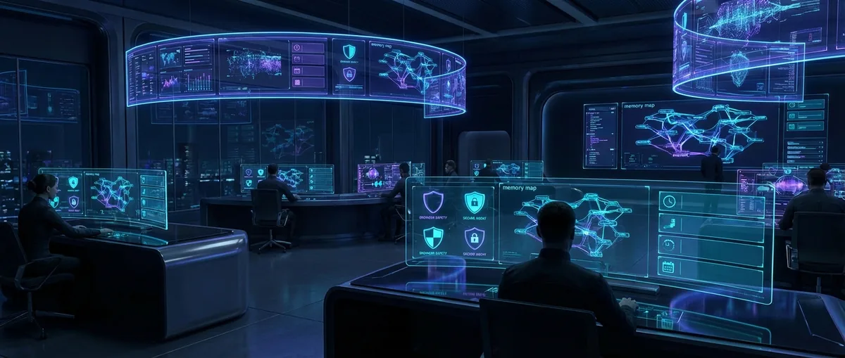 OpenClaw memory maps, browser guardrails, and secure agent operations in a futuristic control room