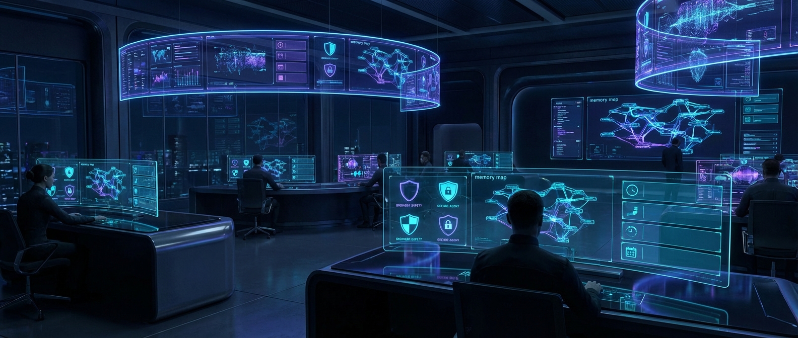 OpenClaw memory maps, browser guardrails, and secure agent operations in a futuristic control room