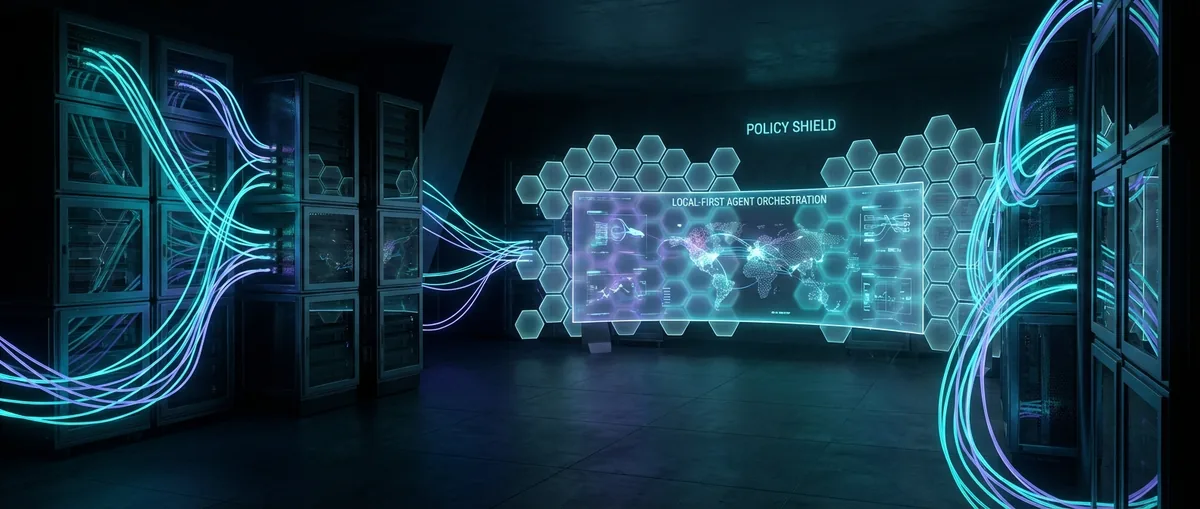 Abstract visualization of a local-first AI agent control room with memory threads, terminal policy shields, and modular plugin nodes