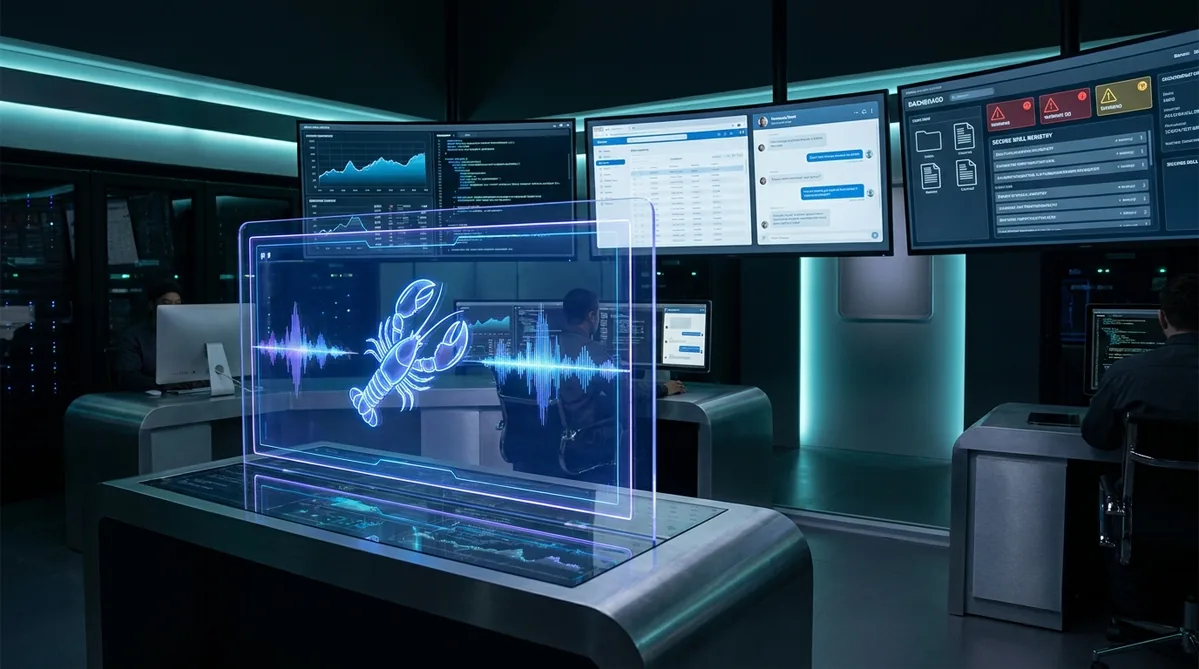 OpenClaw agent control room with voice waveforms, skill registry dashboards, and secure operator oversight