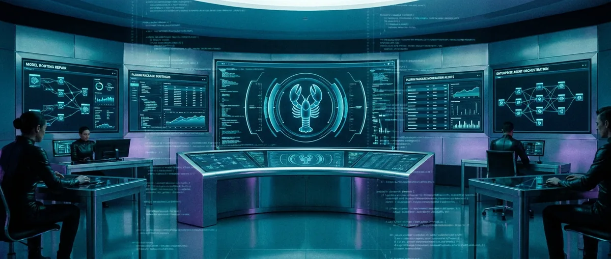 OpenClaw release engineering, secure plugin moderation, and enterprise agent control planes converging in one operations dashboard scene