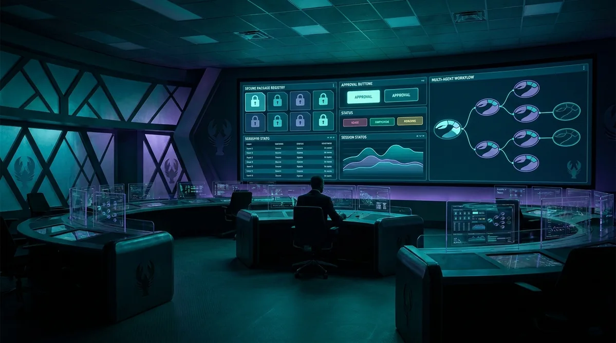 OpenClaw operator dashboard with secure package registry, approval controls, and governed multi-agent workflow visualized in a futuristic operations room