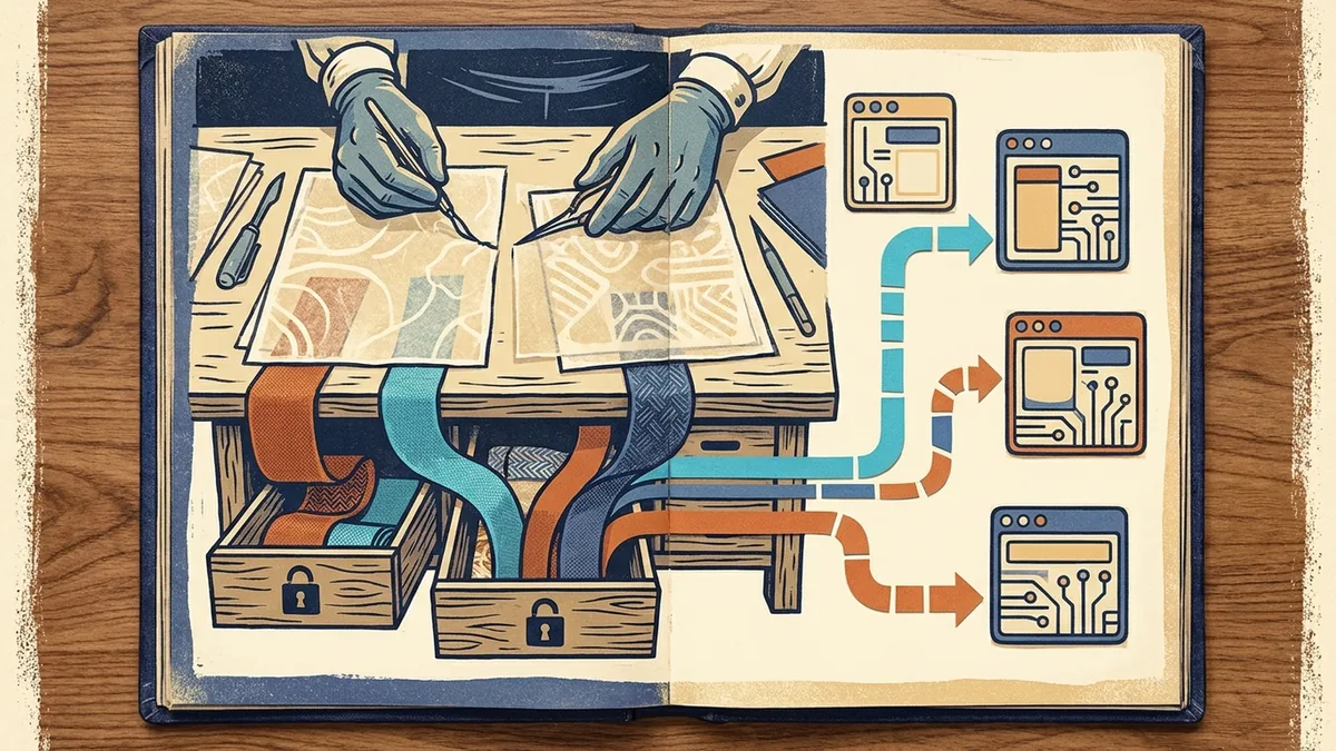 Editorial illustration of OpenClaw state recovery, durable delivery, and MCP Apps represented by repaired archive layers and branching paths