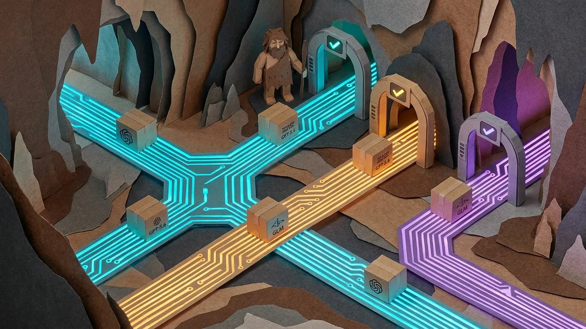 Layered editorial cave control room illustrating model routing and guarded software packages