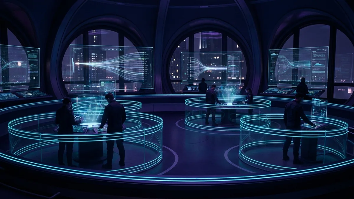 A dark collaborative operations studio with multiple agent workstreams separated by precise illuminated access boundaries