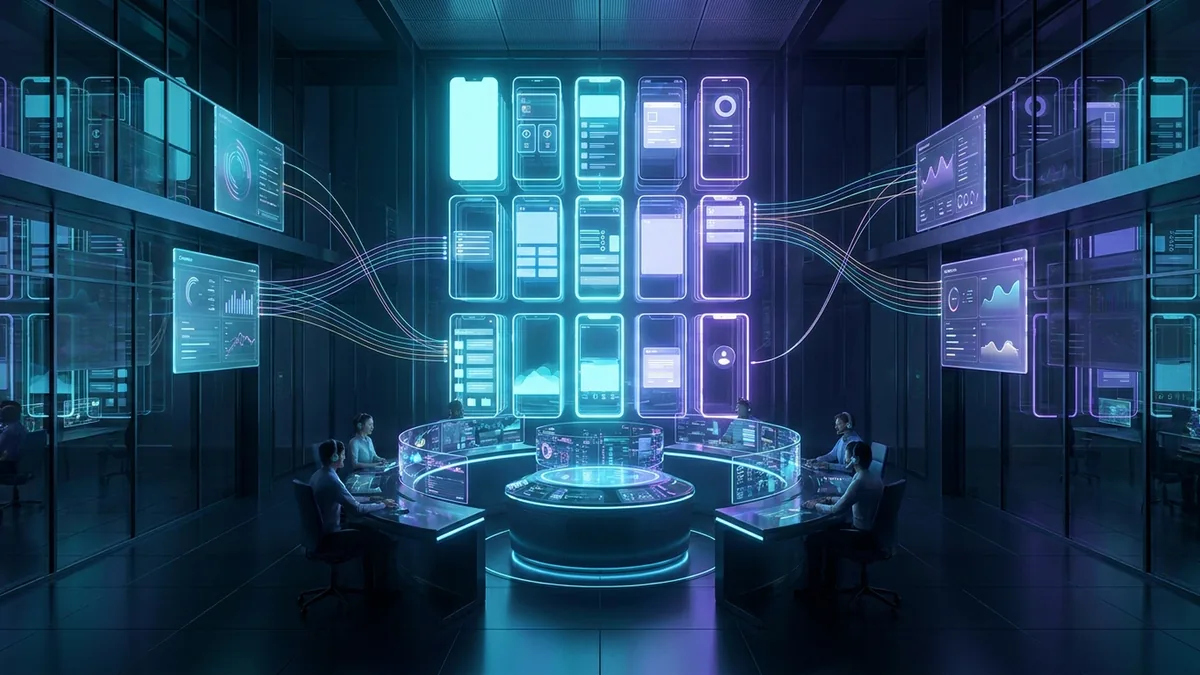 Editorial control room linking qualified iOS testing, shared dashboards, and cache evidence