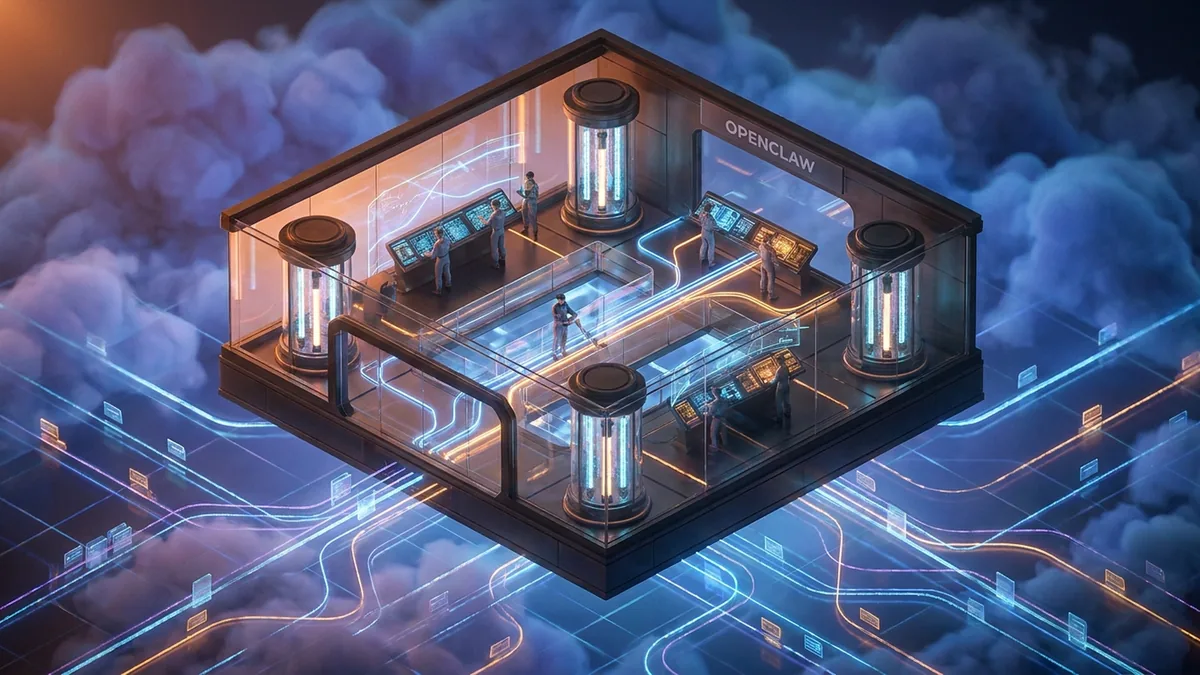 Editorial control room visualizing OpenClaw skill discovery, cloud sessions, and protected data state